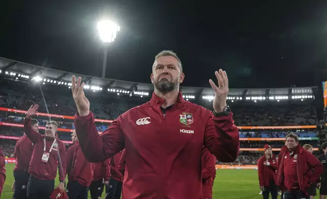 Coach of the British &amp; Irish Lions Andy Farrell reacts after his team won the second rugby union test against Australia at the Melbourne Cricket Ground in Melbourne, Australia, Saturday, July 26, 2025. (AP Photo/Asanka Brendon Ratnayake)