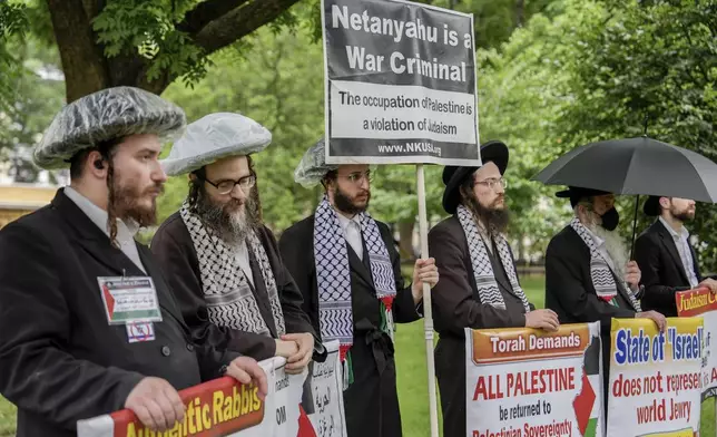 Protesters demonstrate Israeli Prime Minister Benjamin Netanyahu's visit to Washington in Lafayette Square, Monday, July 7, 2025. (AP Photo/Julia Demaree Nikhinson)