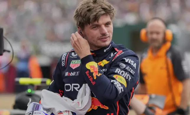 Red Bull driver Max Verstappen of the Netherlands reacts after taking the pole position during the qualifying for the British Formula One Grand Prix in Silverstone, England, Saturday, July 5, 2025. (AP Photo/Darko Bandic)