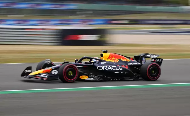 Red Bull driver Max Verstappen of the Netherlands steers his car during the qualifying session at the Silverstone racetrack, ahead of the British Formula One Grand Prix, in Silverstone, England, Saturday, July 5, 2025. (AP Photo/Darko Bandic)
