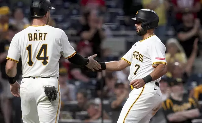 Pittsburgh Pirates' Isiah Kiner-Falefa, right, is greeted by Joey Bart, left, after scoring during the fifth inning of a baseball game against the St. Louis Cardinals, Monday, June 30, 2025, in Pittsburgh. (AP Photo/Matt Freed)