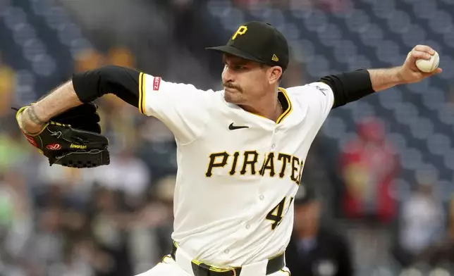 Pittsburgh Pirates pitcher Andrew Heaney delivers during the first inning of a baseball game against the St. Louis Cardinals, Monday, June 30, 2025, in Pittsburgh. (AP Photo/Matt Freed)