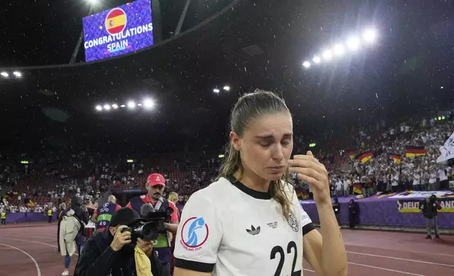 Germany's Jule Brand reacts after the Women's Euro 2025 semifinals soccer match between Germany and Spain at Stadion Letzigrund in Zurich, Switzerland, Wednesday, July 23, 2025. (AP Photo/Martin Meissner)