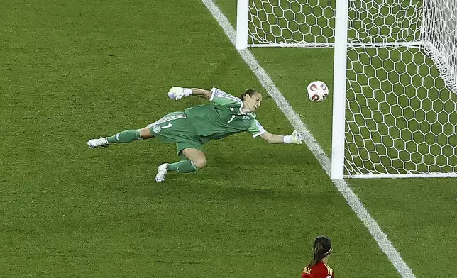 Spain's Aitana Bonmati (6) scores the winning goal during the Women's Euro 2025 semifinals soccer match between Germany and Spain at Stadion Letzigrund in Zurich, Switzerland, Wednesday, July 23, 2025. (Michael Buholzer/Keystone via AP)