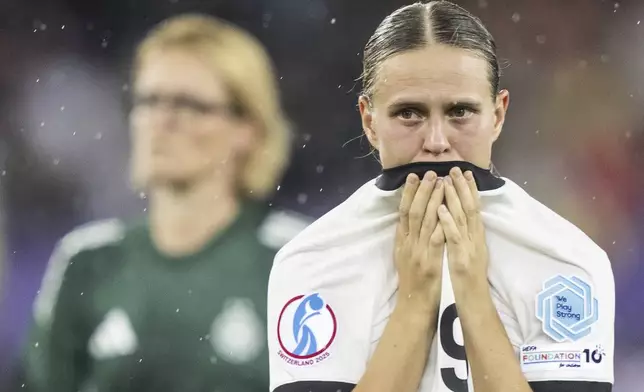 Germany's Klara Buehl reacts after the Women's Euro 2025 semifinal soccer match between Germany and Spain at the Letzigrund stadium in Zurich, Switzerland, Wednesday, July 23, 2025. (Til Buergy/Keystone via AP)