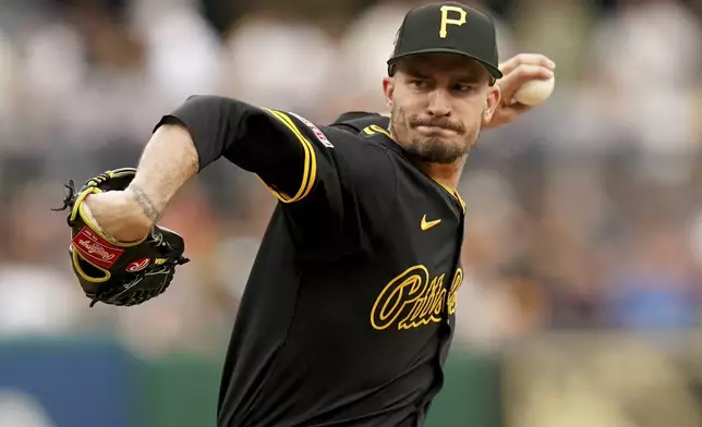 Pittsburgh Pirates pitcher Andrew Heaney delivers during the first inning of a baseball game against the Arizona Diamondbacks, Saturday, July 26, 2025, in Pittsburgh. (AP Photo/Matt Freed)