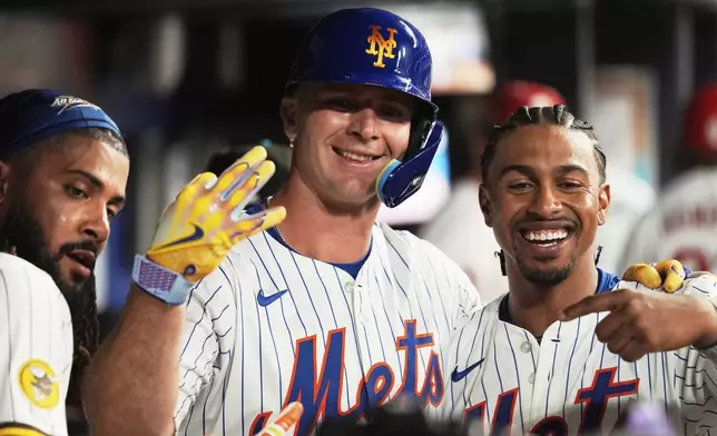 New York Mets' Pete Alonso celebrates his three-run home run during sixth inning at the MLB baseball All-Star game between the American League and National League, Tuesday, July 15, 2025, in Atlanta. (AP Photo/Brynn Anderson)