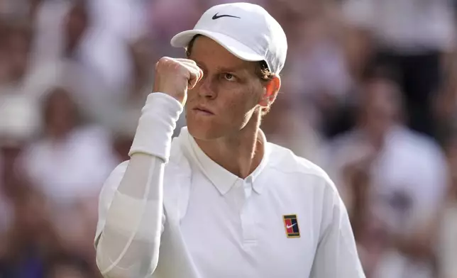 Jannik Sinner of Italy reacts during the men's singles final match against Carlos Alcaraz of Spain at the Wimbledon Tennis Championships in London, Sunday, July 13, 2025.(AP Photo/Kirsty Wigglesworth)