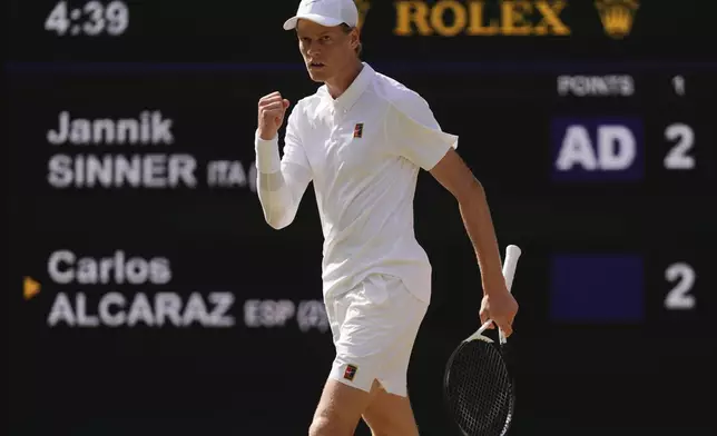Jannik Sinner of Italy reacts during the men's singles final match against Carlos Alcaraz of Spain at the Wimbledon Tennis Championships in London, Sunday, July 13, 2025.(AP Photo/Kirsty Wigglesworth)