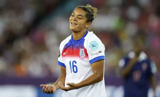 England's Jess Carter reacts during the Euro 2025, group D, soccer match between France and England at Stadion Letzigrund in Zurich, Switzerland, Saturday, July 5, 2025. (AP Photo/Martin Meissner)