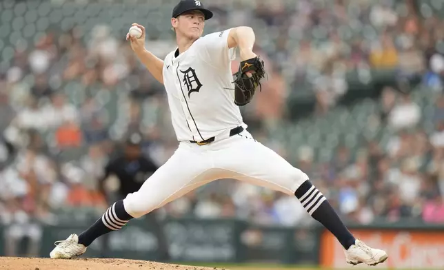 Detroit Tigers starting pitcher Troy Melton throws during the second inning of a baseball game against the Arizona Diamondbacks Monday, July 28, 2025, in Detroit . (AP Photo/Ryan Sun)