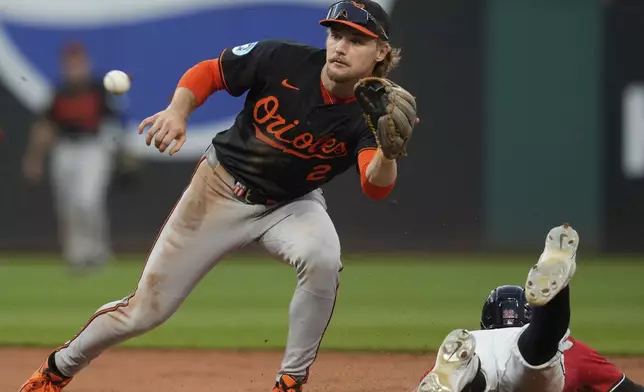 Baltimore Orioles shortstop Gunnar Henderson (2) takes the throw as Cleveland Guardians' Nolan Jones, right, steals second base in the sixth inning of a baseball game in Cleveland, Monday, July 21, 2025. (AP Photo/Sue Ogrocki)