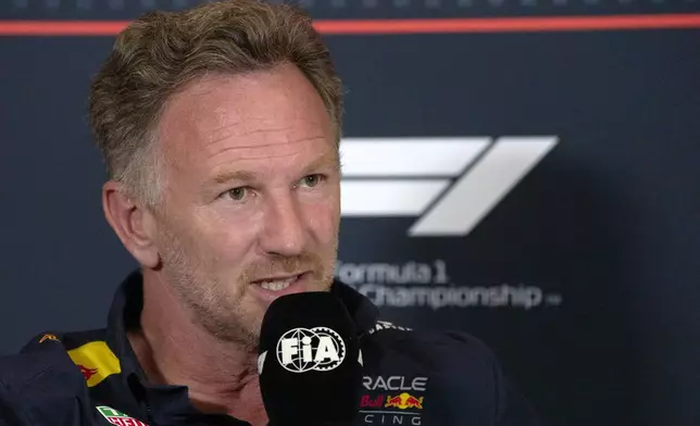 Red Bull team principal Christian Horner attends a news conference at the Silverstone racetrack, ahead of the British Formula One Grand Prix, in Silverstone, England, Friday, July 4, 2025. (AP Photo/Darko Bandic)