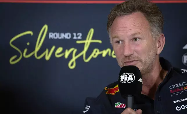 Red Bull team principal Christian Horner attends a news conference at the Silverstone racetrack, ahead of the British Formula One Grand Prix, in Silverstone, England, Friday, July 4, 2025. (AP Photo/Darko Bandic)