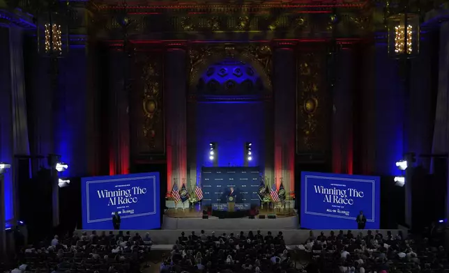 President Donald Trump speaks during an AI summit at the Andrew W. Mellon Auditorium, Wednesday, July 23, 2025, in Washington. (AP Photo/Julia Demaree Nikhinson)