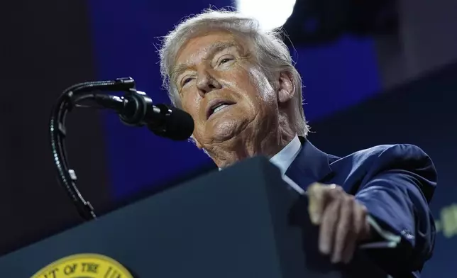 President Donald Trump speaks during an AI summit at the Andrew W. Mellon Auditorium, Wednesday, July 23, 2025, in Washington. (AP Photo/Julia Demaree Nikhinson)