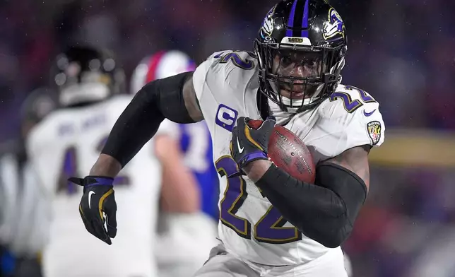 FILE - Baltimore Ravens running back Derrick Henry (22) carries the ball against the Buffalo Bills during the third quarter of an NFL divisional playoff football game, Sunday, Jan. 19, 2025, in Orchard Park, N.Y. (AP Photo/Adrian Kraus, File)