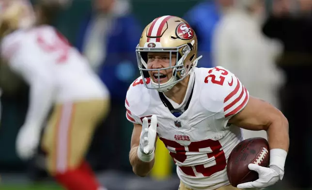 FILE - San Francisco 49ers running back Christian McCaffrey (23) warms up before an NFL football game against the Green Bay Packers on Sunday, Nov. 24, 2024 in Green Bay, Wis. (AP Photo/Matt Ludtke, File)