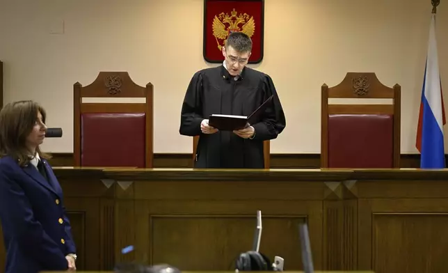 FILE - Russia's Supreme Court judge Oleg Nefyodov delivers a verdict lifting a ban on Afghanistan's Taliban, who were designated as a terrorist group more than two decades ago, in Moscow, Russia, April 17, 2025. (AP Photo/Dmitry Serebryakov, File)