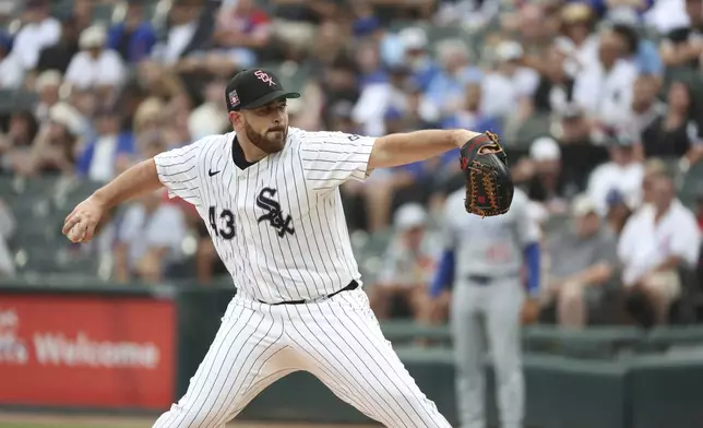 Chicago White Sox starting pitcher Aaron Civale (43) throws during the first inning of a baseball game between the Chicago Cubs and Chicago White Sox, Saturday, July 26, 2025, in Chicago. (AP Photo/Talia Sprague)