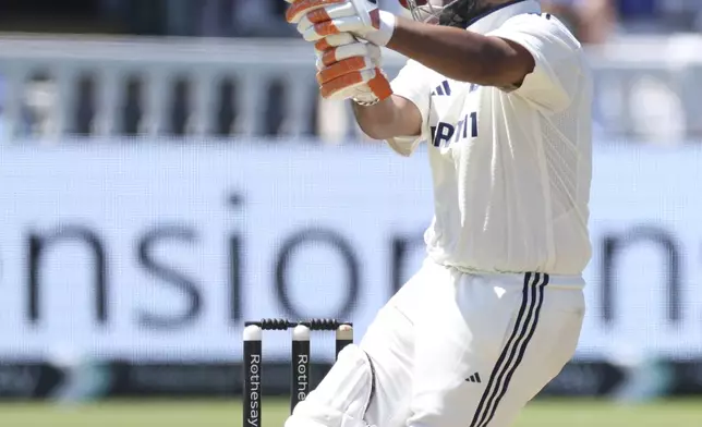 India's Rishabh Pant plays a shot during the third cricket test match between England and India at Lord's cricket ground in London, Saturday, July 12, 2025. (AP Photo/Richard Pelham)
