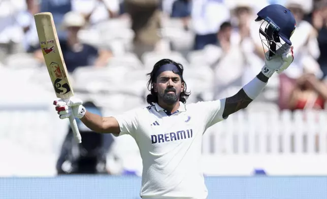India's KL Rahul celebrates after scoring a century during the third cricket test match between England and India at Lord's cricket ground in London, Saturday, July 12, 2025. (AP Photo/Richard Pelham)
