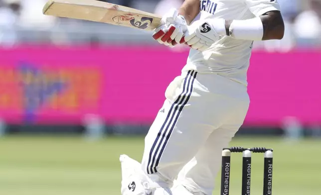 India's KL Rahul plays a shot during the third cricket test match between England and India at Lord's cricket ground in London, Saturday, July 12, 2025. (AP Photo/Richard Pelham)
