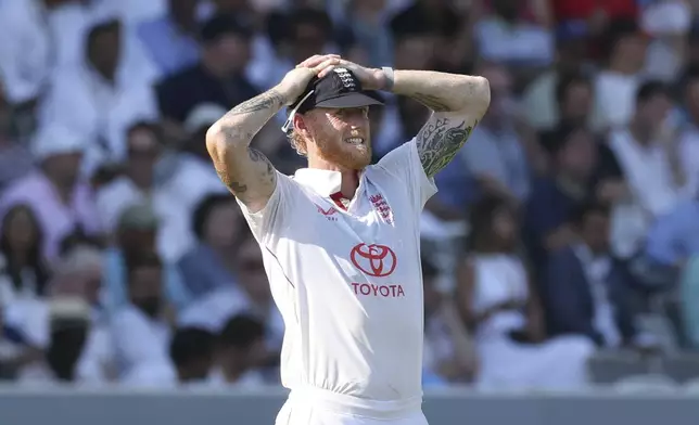 England's captain Ben Stokes fields during the third cricket test match between England and India at Lord's cricket ground in London, Friday, July 11, 2025. (AP Photo/Richard Pelham)