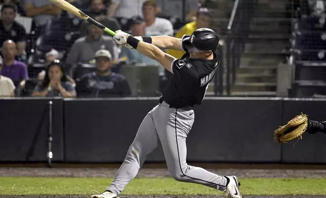 Chicago White Sox's Colson Montgomery hits a two-run double during the eight inning of a baseball game against the Tampa Bay Rays Wednesday, July 23, 2025, in Tampa, Fla. (AP Photo/Jason Behnken)
