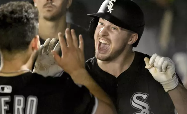 Chicago White Sox's Kyle Teel celebrates his home run during the sixth inning of a baseball game against the Tampa Bay Rays Wednesday, July 23, 2025, in Tampa, Fla. (AP Photo/Jason Behnken)