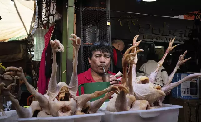 Chicken vendor Silvino sips on "terere", an infusion of yerba mate served cold, as he waits for customers at Market No. 4, in Asuncion, Paraguay, Saturday, July 5, 2025. (AP Photo/Jorge Saenz)