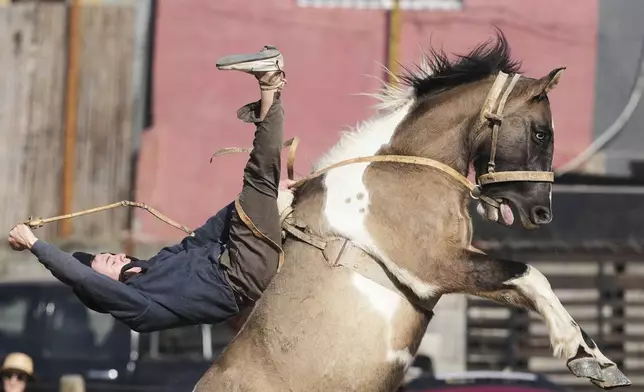 A "gaucho," or cowboy, rides a horse at a rodeo during a celebration of Independence Day in San Isidro, Argentina, Wednesday, July 9, 2025. (AP Photo/Natacha Pisarenko)