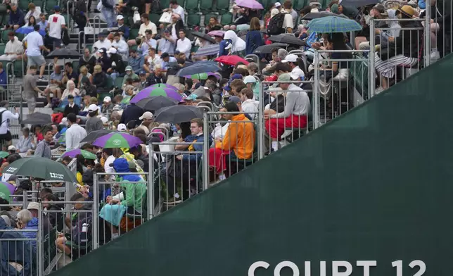 Spectators take cover from the rain on court 12 on day three at the Wimbledon Tennis Championships in London, Wednesday, July 2, 2025. (AP Photo/Joanna Chan)