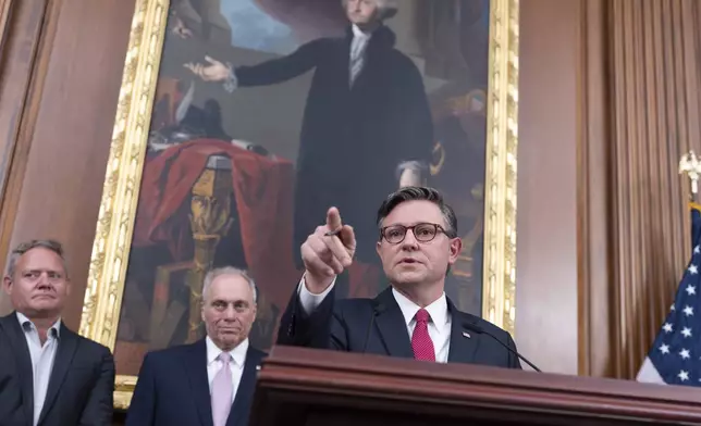 Speaker of the House Mike Johnson, R-La., gives reporters an optimistic outlook to passing President Donald Trump's big tax and immigration bill by July 4th, during a news conference at the Capitol in Washington, Tuesday, June 24, 2025. (AP Photo/J. Scott Applewhite)
