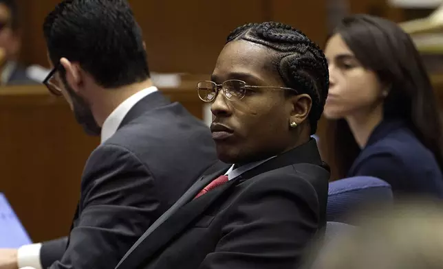FILE - A$AP Rocky listens to closing arguments during his trial, Feb. 13, 2025, in Los Angeles. A Los Angeles jury acquitted A$AP Rocky in February after a trial on two counts of assault with a semiautomatic firearm. (Allison Dinner/Pool Photo via AP File)