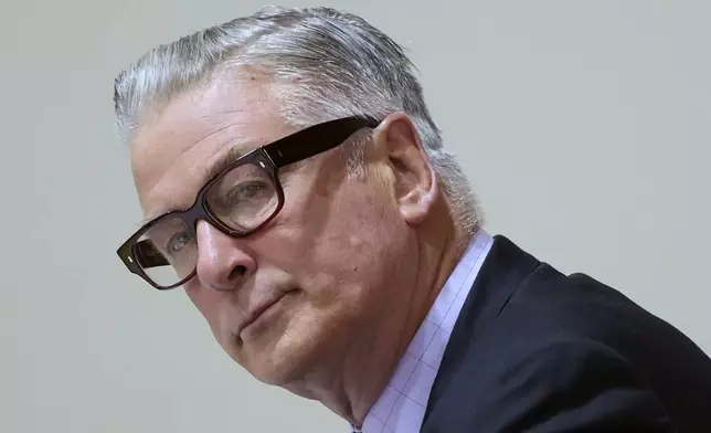 FILE - Actor Alec Baldwin attends his trial for involuntary manslaughter for the 2021 fatal shooting of cinematographer Halyna Hutchins during filming of the Western movie "Rust," July 12, 2024, at the County District Court in Santa Fe, N.M. (Ramsay de Give/Pool Photo via AP, File)