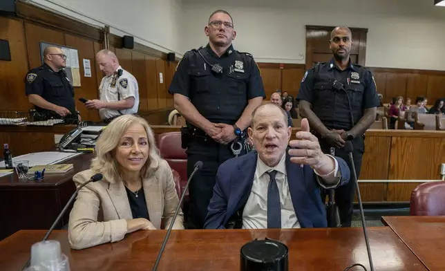 FILE - Harvey Weinstein appears in state court in Manhattan for his retrial, June 11, 2025, in New York. Weinstein was convicted of rape and other charges in 2022 by a Los Angeles jury. He was sentenced then to 16 years in prison and is appealing that conviction. (Steven Hirsch /New York Post via AP, Pool, File)