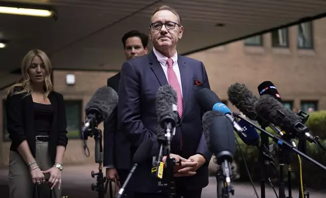 FILE - Actor Kevin Spacey addresses the media outside Southwark Crown Court in London, July 26, 2023. (AP Photo/Alberto Pezzali, File)