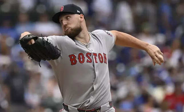 Boston Red Sox starter Garrett Crochet delivers a pitch during the first inning of a baseball game against the Chicago Cubs, Sunday, July 20, 2025, in Chicago. (AP Photo/Paul Beaty)