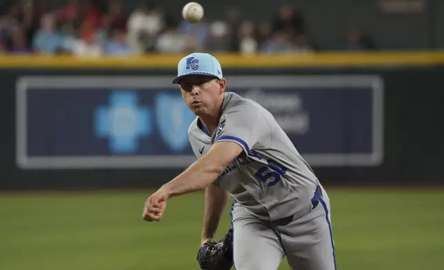 Kansas City Royals pitcher Kris Bubic throws against the Arizona Diamondbacks in the first inning during a baseball game, Friday, July 4, 2025, in Phoenix. (AP Photo/Rick Scuteri)