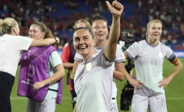 Norway's Vilde Boe Risa celebrates at the end of the Euro 2025, group A, soccer match between Switzerland and Norway at St. Jakob-Park in Basel, Switzerland, Wednesday, July 2, 2025. (AP Photo/Martin Meissner)