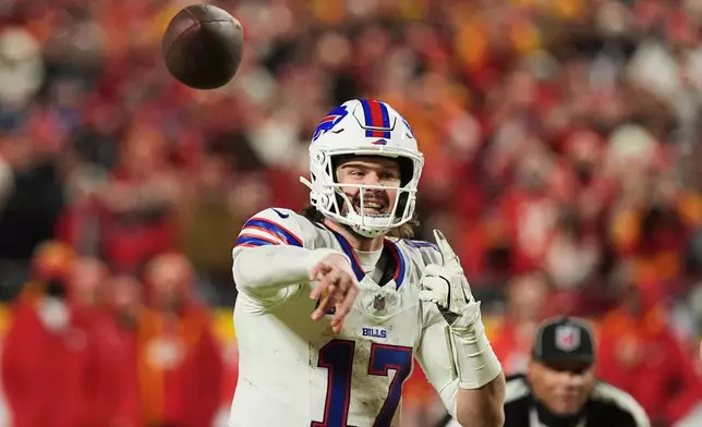 FILE - Buffalo Bills quarterback Josh Allen throws during the second half of the AFC Championship NFL football game against the Kansas City Chiefs, Sunday, Jan. 26, 2025, in Kansas City, Mo. (AP Photo/Charlie Riedel, File)