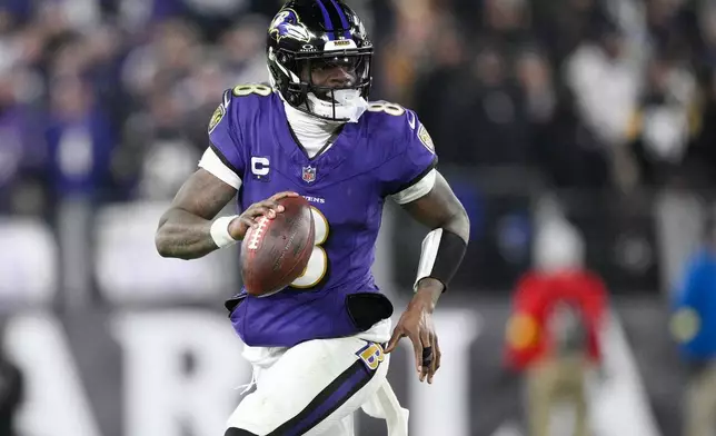 FILE - Baltimore Ravens quarterback Lamar Jackson (8) in action during the first half of an NFL football wild card playoff game against the Pittsburgh Steelers, Saturday, Jan. 11, 2025, in Baltimore. (AP Photo/Nick Wass, File)