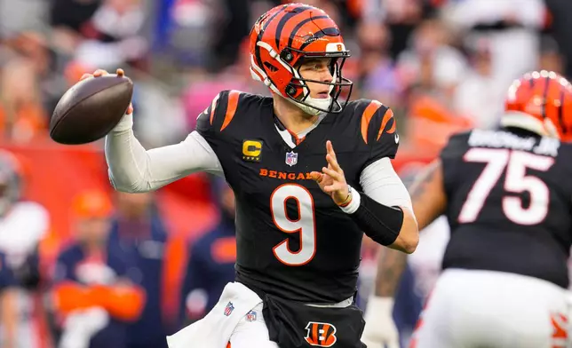 FILE - Cincinnati Bengals quarterback Joe Burrow (9) throws against the Denver Broncos during the first half of an NFL football game in Cincinnati, Saturday, Dec. 28, 2024. (AP Photo/Jeff Dean, File)