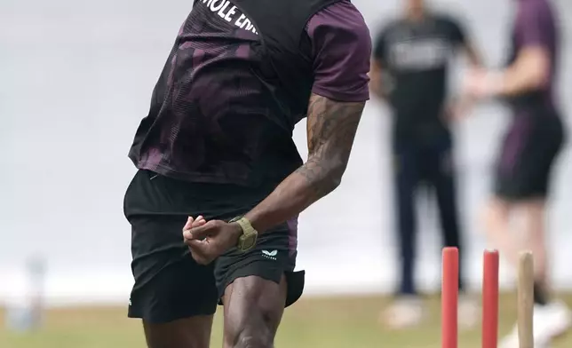 England's Jofra Archer practices during a nets session at Edgbaston, Birmingham, England, Tuesday July 1, 2025. (Jacob King/PA via AP)