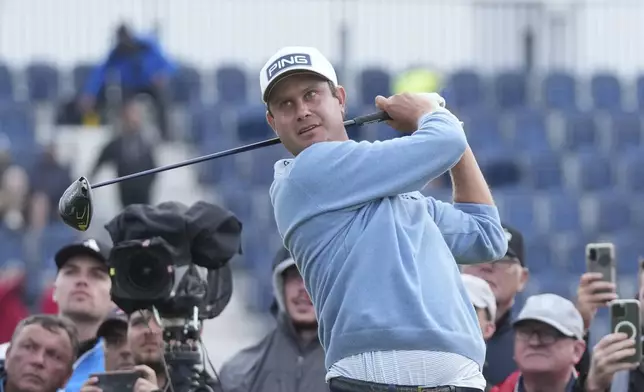 Harris English of the United States plays off the 13th hole during the first round of the British Open golf championship at the Royal Portrush Golf Club, Northern Ireland, Thursday, July 17, 2025. (AP Photo/Jon Super)