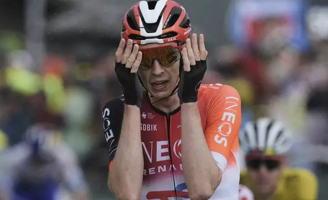 Netherlands' Thymen Arensman crosses the finish line to win the nineteenth stage of the Tour de France cycling race over 93.1 kilometers (57.85 miles) with start in Albertville and finish in La Plagne, France, Friday, July 25, 2025. (AP Photo/Thibault Camus)