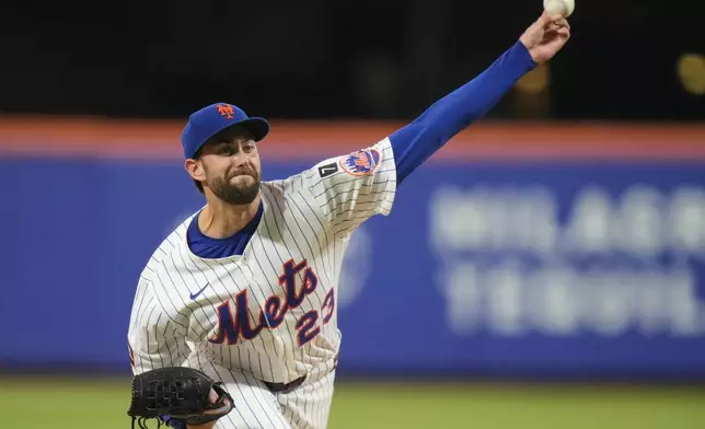 New York Mets' David Peterson pitches dsecond inning of a baseball game against the Milwaukee Brewers Thursday, July 3, 2025, in New York. (AP Photo/Frank Franklin II)