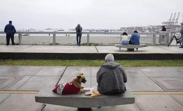 A man rest with her dog in a bench in front of Abtao beach in Callao, Peru, Wednesday, July 30, 2025, following a tsunami warning after a earthquake that struck off the coast of Russia. (AP Photo/Martin Mejia)