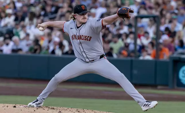 San Francisco Giants pitcher Logan Webb delivers to the Athletics during the second inning of a baseball game Saturday, July 5, 2025, in West Sacramento, Calif. (AP Photo/Sara Nevis)